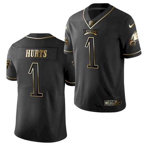 Men's Philadelphia Eagles #1 Jalen Hurts Black Golden Edition Stitched NFL Jersey - Click Image to Close